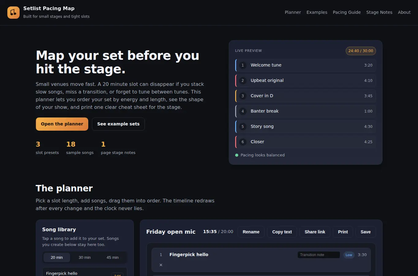 Screenshot of Small Venue Setlist Pacing Map interface showing the project page in use